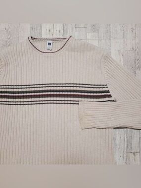 Men's GAP Y2K Striped Cream White Ribbed Grandpa Cable Knit Sweater Size XL